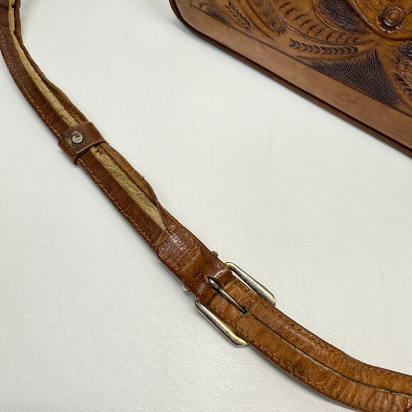 Vintage Hand Tooled Leather Shoulder Bag Made In Mexico Rose Flower - Picture 11 of 16